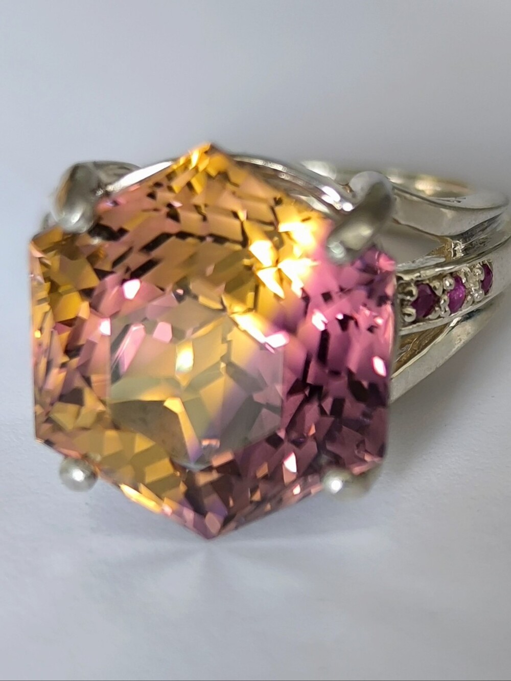 Natural Top-Grade Bi-Color Octagon Ametrine  Carved Rubies Sterling Silver Ring